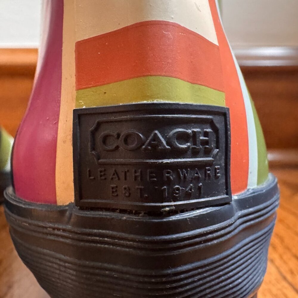 COACH Womens Pammie Rain Boots Size 6B Colorful Stripes Rubber Mid Calf Slip On - Picture 8 of 10